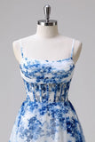 Corset Blue Printed A-Line Homecoming Dress