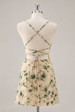 Champagne Printed A-Line Homecoming Dress with Lace-up Back