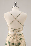 Champagne Printed A-Line Homecoming Dress with Lace-up Back