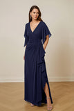 Dark Green Ruched Flutter Sleeve Mother Of The Bride Dress With Slit
