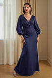 Pine Satin V-Neck Long Sleeve Mother Of The Bride Dress