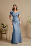 Off The Shoulder Dusty Blue Mermaid Maxi Dress With Bow