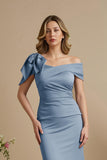 Off The Shoulder Dusty Blue Mermaid Maxi Dress With Bow