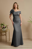 Off The Shoulder Dusty Blue Mermaid Maxi Dress With Bow