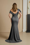 Off The Shoulder Dusty Blue Mermaid Maxi Dress With Bow