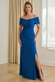 Off The Shoulder Blue Sheath Maxi Dress With Slit