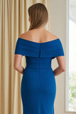 Off The Shoulder Blue Sheath Maxi Dress With Slit