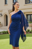 One Shoulder Navy Mother Of The Bride Dress With 3D Flower
