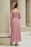 Dusty Rose A-Line V-Neck Pleated Mother Of The Bride Dress With Appliques