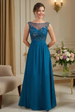 Peacock Blue A-Line Mother Of The Bride Dress With Appliques