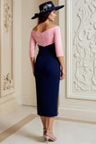 Navy Pink Off The Shoulder Appliqued Sheath Midi Mother Of The Bride Dress