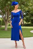 Royal Blue Off The Shoulder Sheath Appliqued Mother Of The Bride Dress With Slit