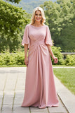 Blush A-Line Ruched Mother Of The Bride Dress with Flutter Sleeves