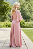 Blush A-Line Ruched Mother Of The Bride Dress with Flutter Sleeves