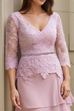 Blush Tiered A-Line V-Neck Appliqued Mother Of The Bride Dress