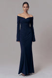 Off The Shoulder Navy Sheath Formal Dress with Long Sleeves