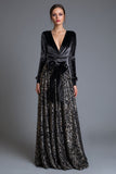 Sequin Black V-Neck A Line Long Sleeve Formal Dress with Bow