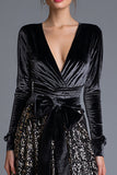 Sequin Black V-Neck A Line Long Sleeve Formal Dress with Bow