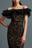 Black Lace Off The Shoulder Tea Length Formal Dress