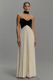 Strapless Pleated Sheath Black and Ivory Formal Dress