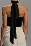 Strapless Pleated Sheath Black and Ivory Formal Dress