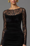 Sheath Lace Illusion Long Sleeve Black Formal Dress
