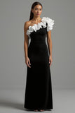 One Shoulder Ruffled Black and White Sheath Formal Dress