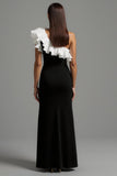 One Shoulder Ruffled Black and White Sheath Formal Dress