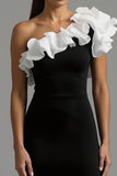 One Shoulder Ruffled Black and White Sheath Formal Dress