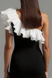 One Shoulder Ruffled Black and White Sheath Formal Dress