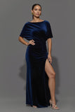 Navy Velvet Sheath Ruched Long Formal Dress with Slit