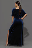 Navy Velvet Sheath Ruched Long Formal Dress with Slit