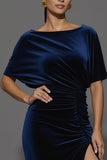 Navy Velvet Sheath Ruched Long Formal Dress with Slit