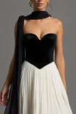 Black and White Strapless A Line Formal Dress with Sash