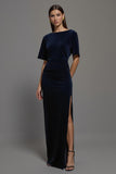 Navy Velvet Sheath Formal Dress with Slit