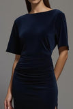 Navy Velvet Sheath Formal Dress with Slit