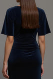 Navy Velvet Sheath Formal Dress with Slit