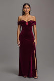 Off The Shoulder Burgundy Velvet Sheath Formal Dress with Slit