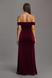 Off The Shoulder Burgundy Velvet Sheath Formal Dress with Slit