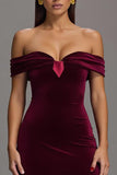 Off The Shoulder Burgundy Velvet Sheath Formal Dress with Slit
