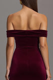 Off The Shoulder Burgundy Velvet Sheath Formal Dress with Slit