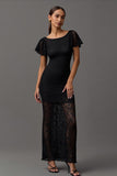 Boat Neck Sheath Black Formal Dress with Lace