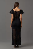 Boat Neck Sheath Black Formal Dress with Lace