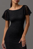Boat Neck Sheath Black Formal Dress with Lace