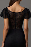 Boat Neck Sheath Black Formal Dress with Lace