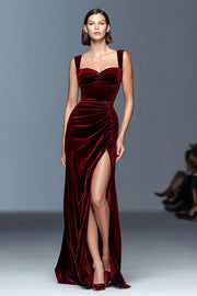 Velvet Burgundy Sheath Formal Dress with Slit