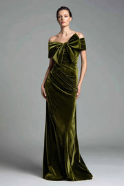Elegant Olive Velvet Sheath Off The Shoulder Formal Dress with Bow