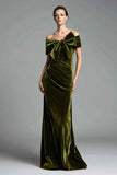 Elegant Olive Velvet Sheath Off The Shoulder Formal Dress with Bow