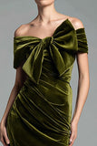 Elegant Olive Velvet Sheath Off The Shoulder Formal Dress with Bow