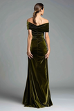 Elegant Olive Velvet Sheath Off The Shoulder Formal Dress with Bow